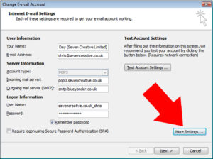 On the internet e-mail settings page click ‘more settings’ On the internet e-mail settings page click ‘more settings’