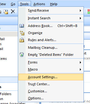 Open Outlook and select 'tools' (from the top menu) then select 'account settings' Open Outlook and select 'tools' (from the top menu) then select 'account settings'