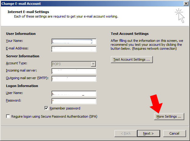 From the 'internet email settings' page, select 'more settings' From the 'internet email settings' page, select 'more settings'