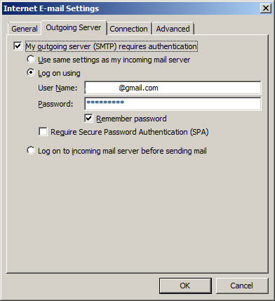 On the outgoing server tab, fill in the following On the outgoing server tab, fill in the following