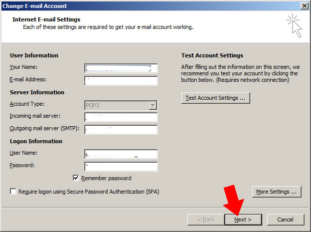 Back on the 'internet e-mail settings' page, click next to save the changes Back on the 'internet e-mail settings' page, click next to save the changes