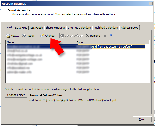 from the 'account settings' dialogue box, highlight the account you'd like to change then press the 'change' button from the 'account settings' dialogue box, highlight the account you'd like to change then press the 'change' button