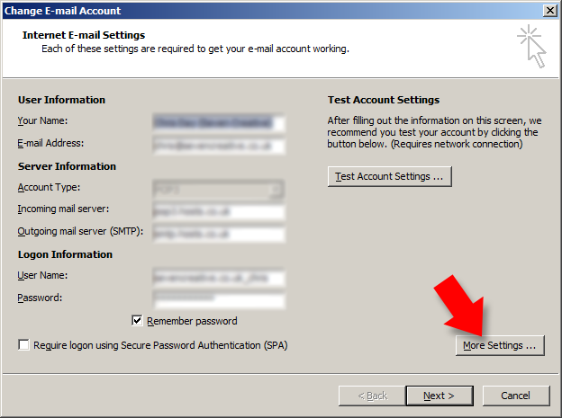 from the 'change email account' dialogue box select 'more settings' from the 'change email account' dialogue box select 'more settings'