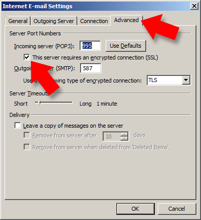 from the 'internet email settings' dialogue box choose the 'advanced' tab from along the top then make sure the 'this server requires an encrypted connection' tick box is ticked from the 'internet email settings' dialogue box choose the 'advanced' tab from along the top then make sure the 'this server requires an encrypted connection' tick box is ticked