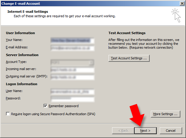 click OK then from the 'change email account' dialogue box press 'next' then 'finish' click OK then from the 'change email account' dialogue box press 'next' then 'finish'