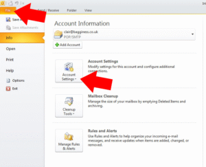 Open Outlook 2010, click 'file' option at the top of the screen, then click on 'account settings' Open Outlook 2010, click 'file' option at the top of the screen, then click on 'account settings'