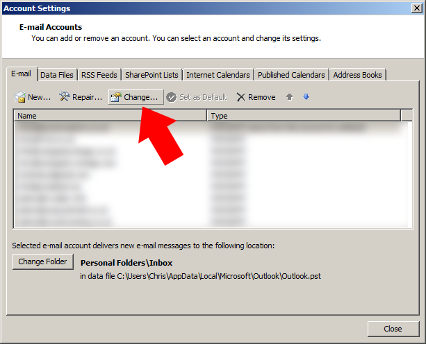 Highlight the email account you need to change and press the 'change' button