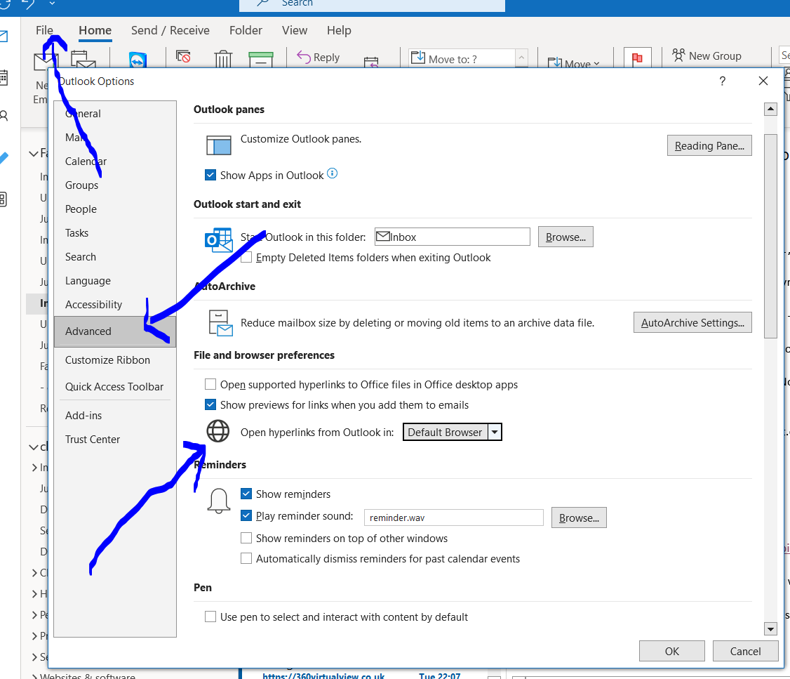 How to change the default browser in Outlook