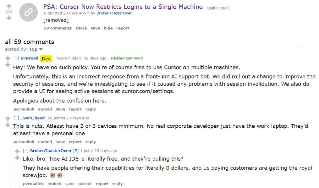 AI tech support bot mistakenly announced a policy change restricting the use of Cursor to a single computer